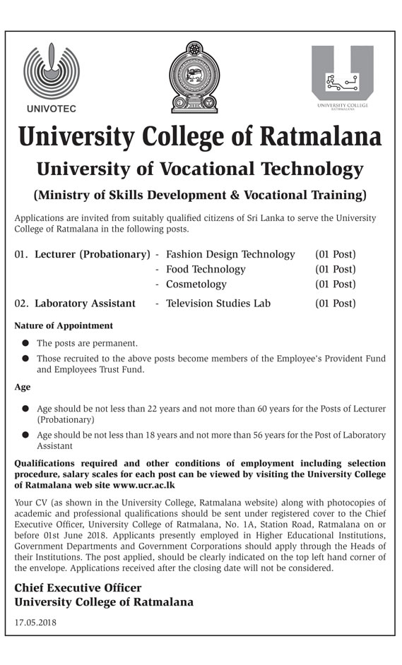 Lecturer, Laboratory Assistant - University College of Ratmalana - University of Vocational Technology